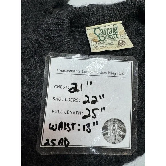 Vintage Carraig Donn Gray 100% Wool Irish FishermanSweater S